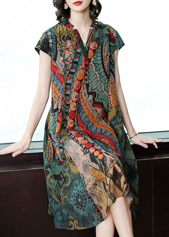 French Green V Neck Print Patchwork Silk Dress Summer