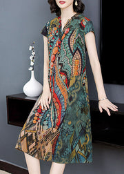 French Green V Neck Print Patchwork Silk Dress Summer