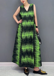French Green V Neck Print Pockets Cotton Long Dress Sleeveless
