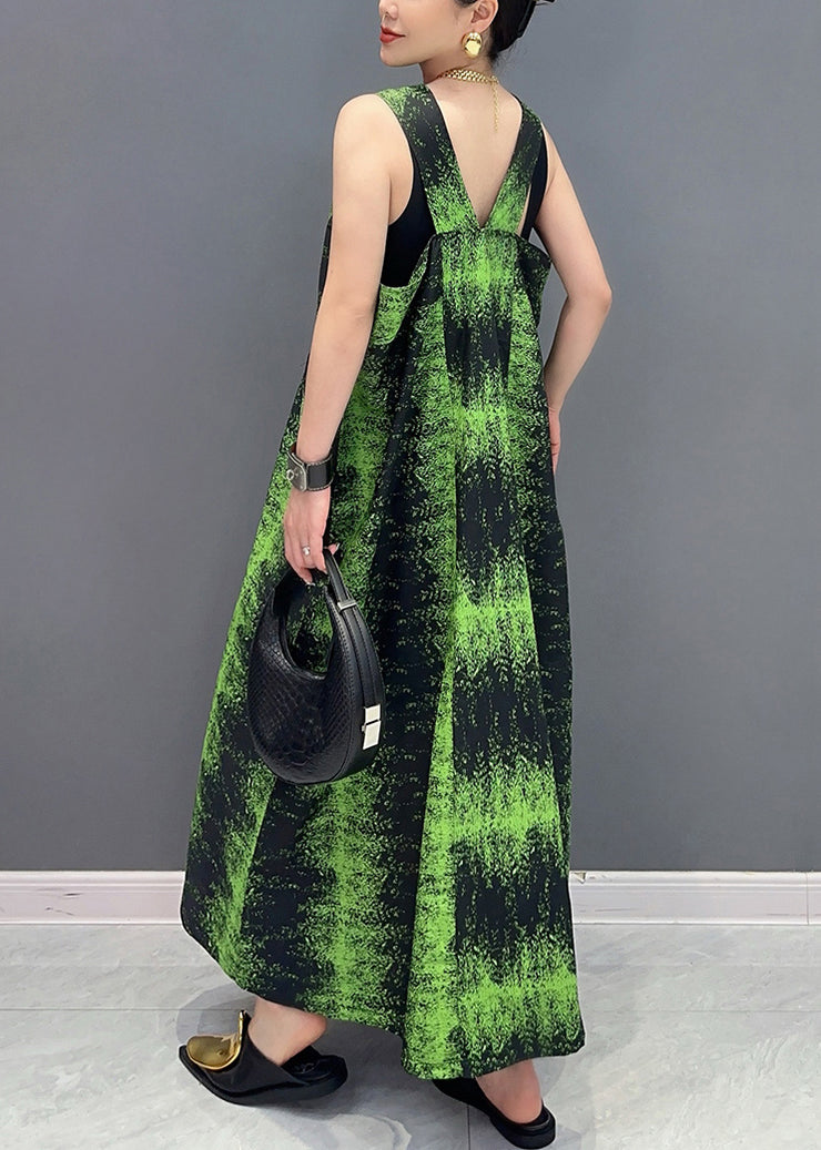 French Green V Neck Print Pockets Cotton Long Dress Sleeveless