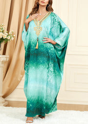 French Green V Neck Print Silk Maxi Dresses Batwing Sleeve