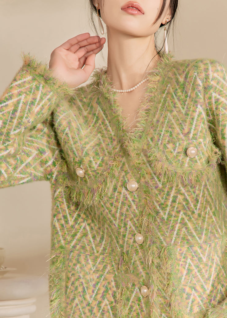 French Green V Neck Print Tassel Button Cotton Knit Cardigans Spring