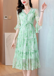 French Green V Neck Ruffled Print Silk Dress Summer