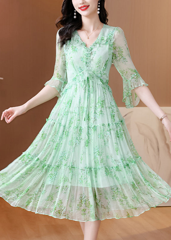 French Green V Neck Ruffled Print Silk Dress Summer