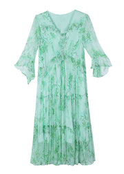 French Green V Neck Ruffled Print Silk Dress Summer