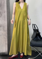 French Green V Neck Side Open Cotton Long Dress Sleeveless