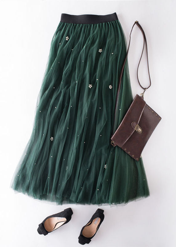 French Green Wrinkled Patchwork High Waist Tulle Skirt Spring