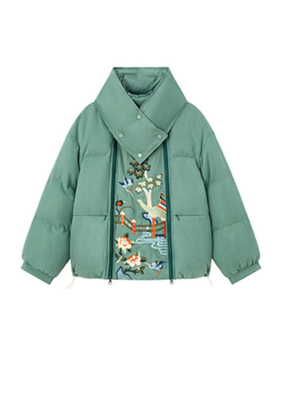 French Green Zippered Embroideried Fine Cotton Filled Parkas And Scarf Two Pieces Set Winter