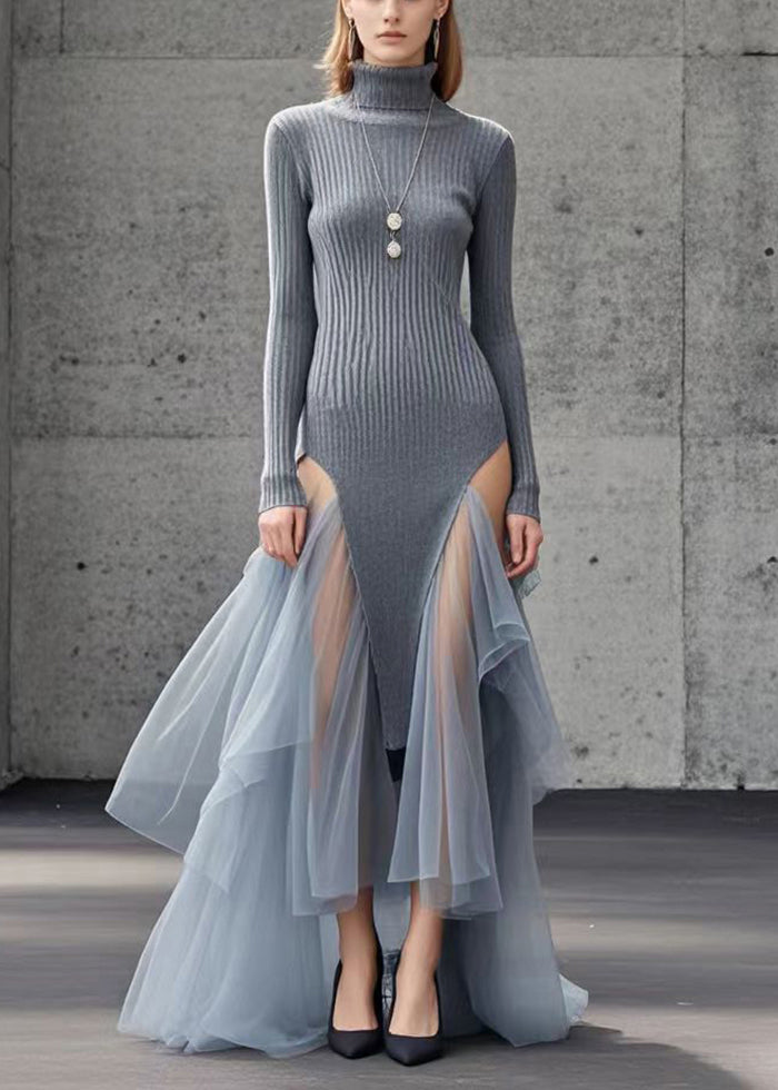 French Grey Asymmetrical Patchwork Tulle Sweater Dress Winter