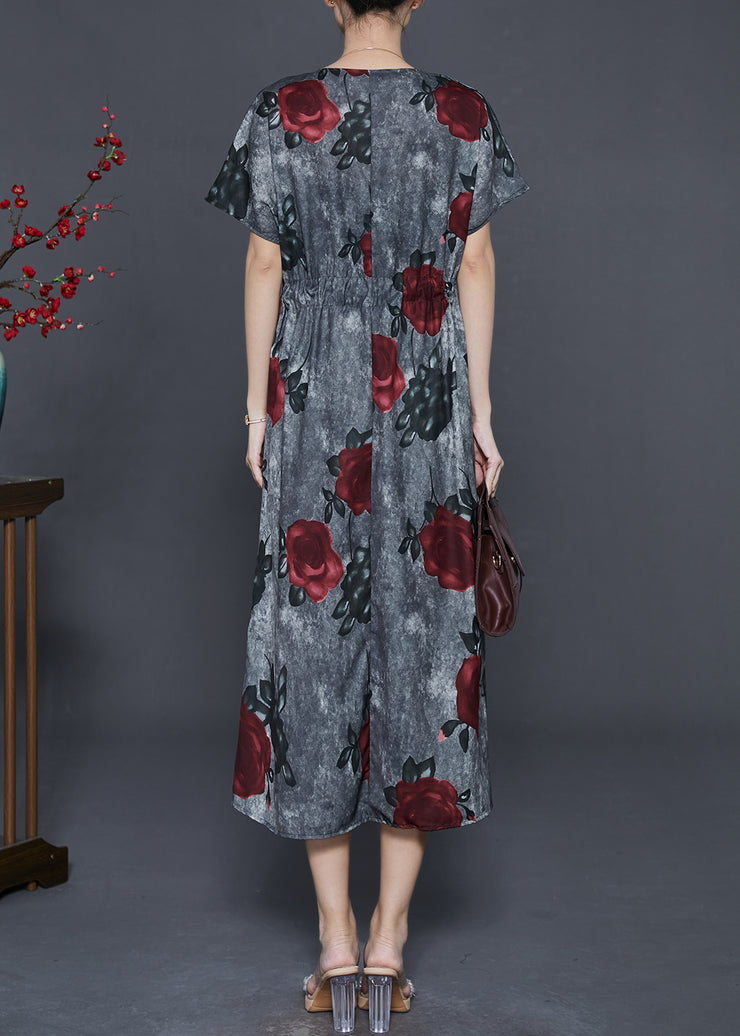 French Grey Cinched Floral Cotton Long Dress Summer