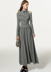 French Grey Cold Shoulder Bow Cotton Long Dress Fall