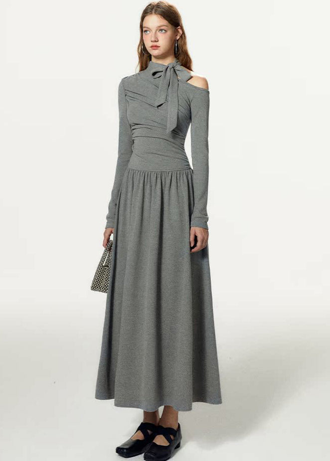 French Grey Cold Shoulder Bow Cotton Long Dress Fall