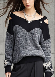 French Grey Cold Shoulder Patchwork Sweater Fall