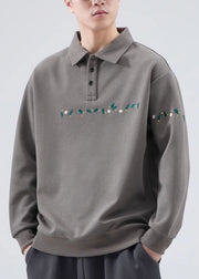 French Grey Embroideried Button Cotton Mens Sweatshirts Spring