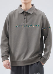 French Grey Embroideried Button Cotton Mens Sweatshirts Spring