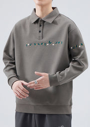 French Grey Embroideried Button Cotton Mens Sweatshirts Spring