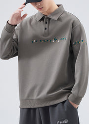 French Grey Embroideried Button Cotton Mens Sweatshirts Spring