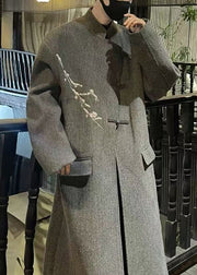 French Grey Embroideried Button Woolen Men Long Trench Coat Winter