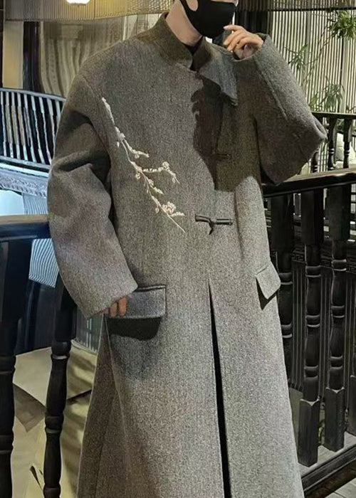 French Grey Embroideried Button Woolen Men Long Trench Coat Winter