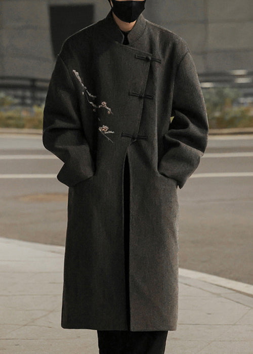 French Grey Embroideried Button Woolen Men Long Trench Coat Winter