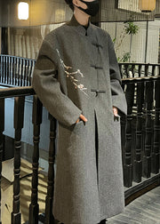 French Grey Embroideried Button Woolen Men Long Trench Coat Winter