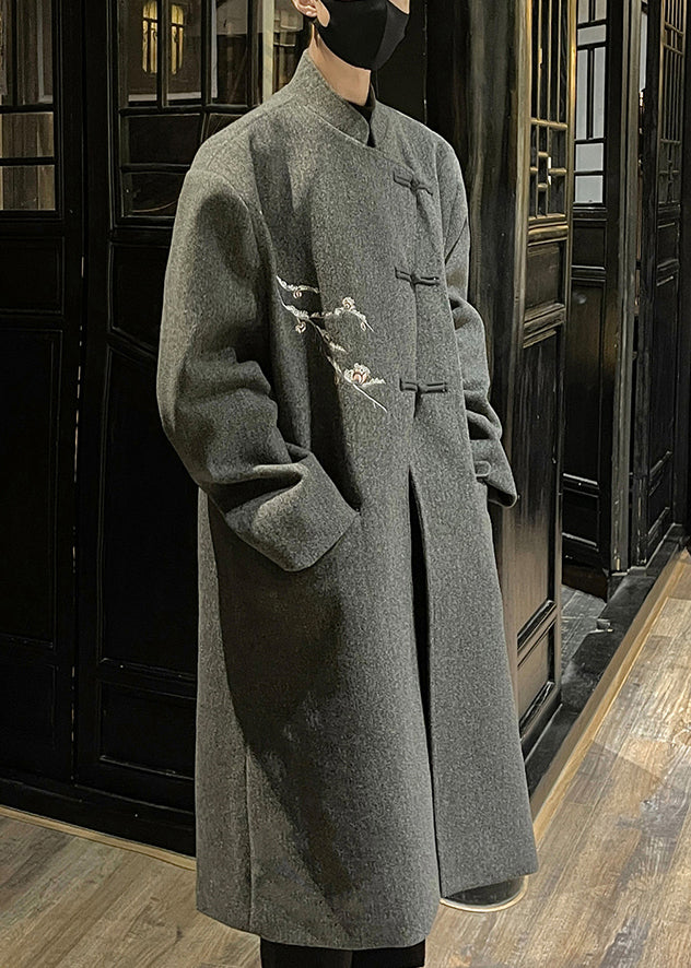 French Grey Embroideried Button Woolen Men Long Trench Coat Winter