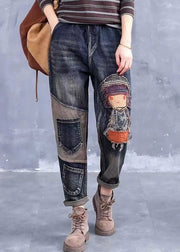 French Grey Embroideried Girl Pockets Patchwork Denim Pants Spring