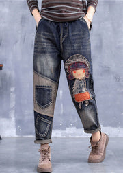 French Grey Embroideried Girl Pockets Patchwork Denim Pants Spring