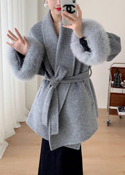 French Grey Fluffy Tie Waist Pockets Patchwork Wool Coat Winter