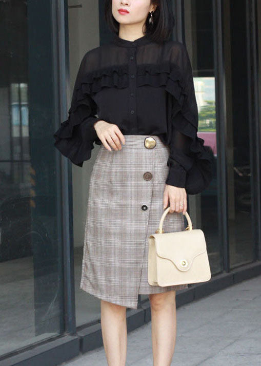 French Grey High Waist Asymmetrical Plaid Cotton Skirts Fall