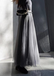 French Grey High Waist Patchwork Tulle Pleated Skirt Fall