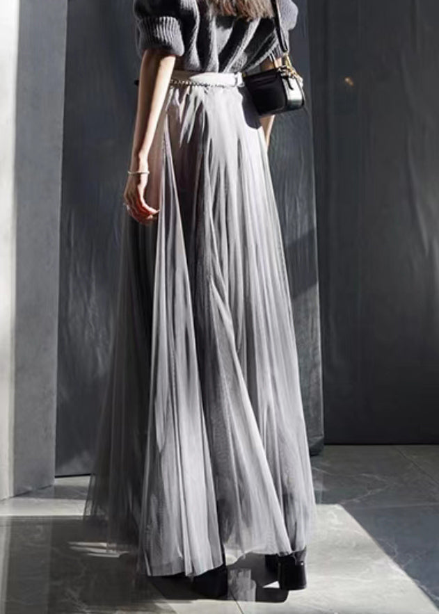 French Grey High Waist Patchwork Tulle Pleated Skirt Fall