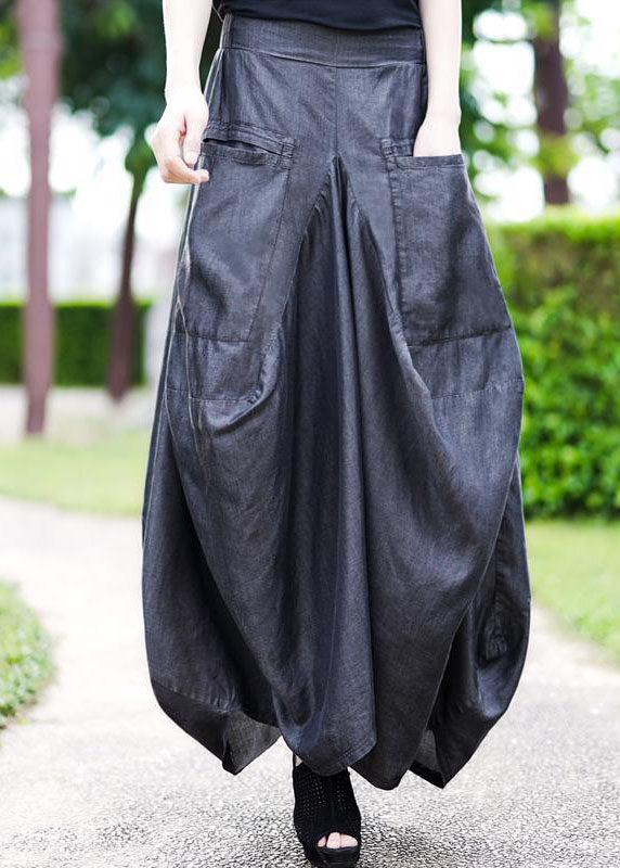 French Grey High Waist Wrinkled Asymmetrical Pockets Silk Skirts Fall