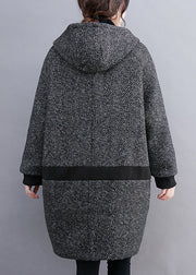 French Grey Hooded Button Pockets Thick Woolen Coats Winter