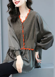 French Grey Knit Patchwork Chiffon Blouse Top Spring