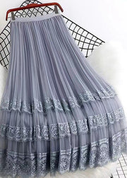 French Grey Lace Patchwork Wrinkled Tulle Skirt Spring