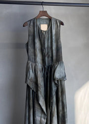 French Grey Lace Up Patchwork Linen Dress Sleeveless
