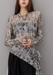 French Grey Leopard Asymmetrical Tie Dye Tulle T Shirts Fall