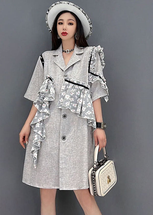 French Grey Notched Collar Asymmetrical Design Lace Patchwork Vacation Dress Short Sleeve