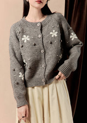 French Grey O Neck Button Knit Cardigan Winter