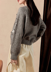 French Grey O Neck Button Knit Cardigan Winter