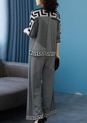 French Grey O-Neck Striped Silk Sweatshirt Women Sets 2 Pieces Fall