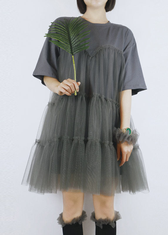 French Grey O-Neck Tulle Patchwork Cotton Robe Dresses Short Sleeve