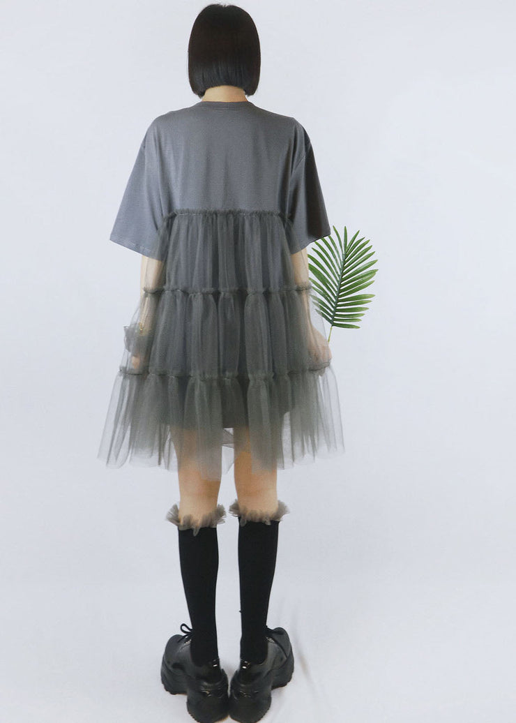 French Grey O-Neck Tulle Patchwork Cotton Robe Dresses Short Sleeve