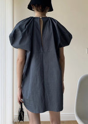 French Grey O Neck Wrinkled Patchwork Cotton Dress Puff Sleeve