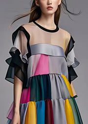 French Grey Original Design Patchwork Chiffon Dress Half Sleeve