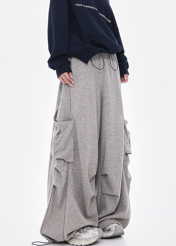 French Grey Oversized Drawstring Cotton Pants Spring