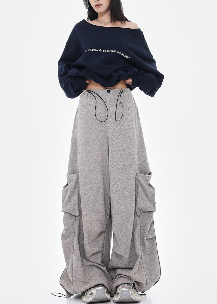 French Grey Oversized Drawstring Cotton Pants Spring