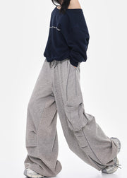 French Grey Oversized Drawstring Cotton Pants Spring