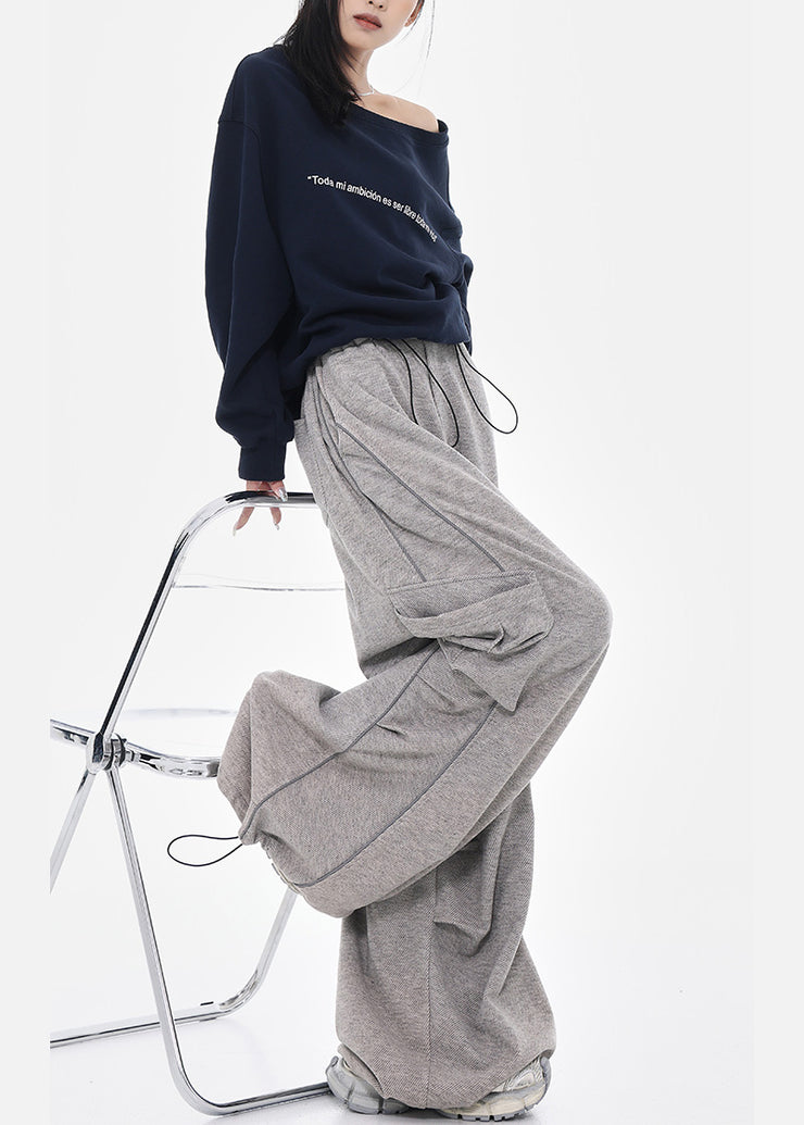 French Grey Oversized Drawstring Cotton Pants Spring